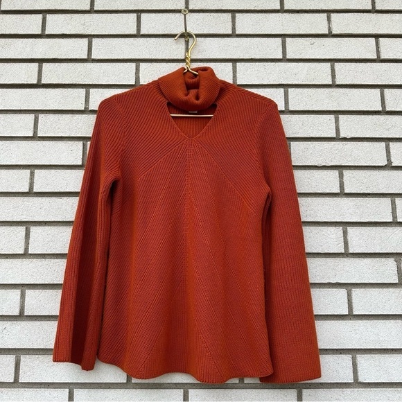 Chico’s Burnt Orange Keyhole Turtleneck Sweater Rust Rib Knit Bell Sleeve Small - Picture 2 of 13